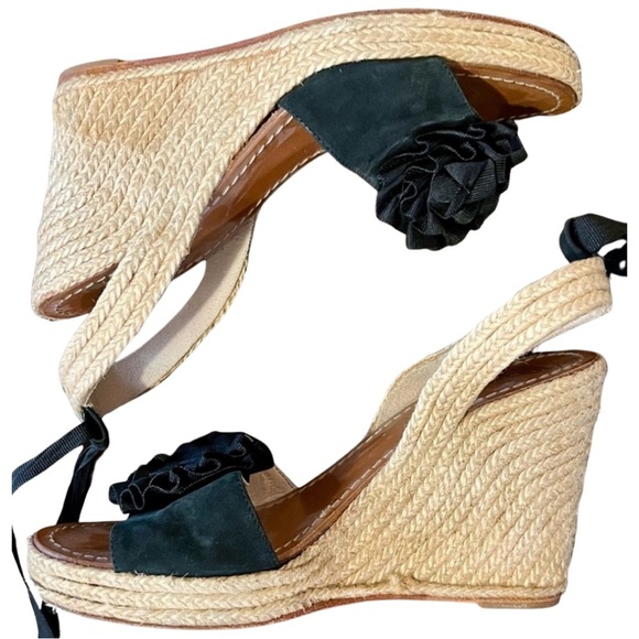 Kate Spade Black Suede Espadrille Wedge Sandals with Ribbon Flower Accent - Picture 3 of 9